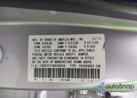 2011 Honda Accord 2.4 Lx из США, поврежденный, VIN 1HGCP2F37BA066808